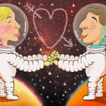 Two cartoon astronauts holding hands in space